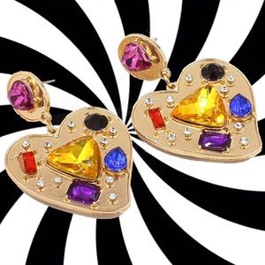 Sexy glam gold-tone gem encrusted drop heart pierced earrings